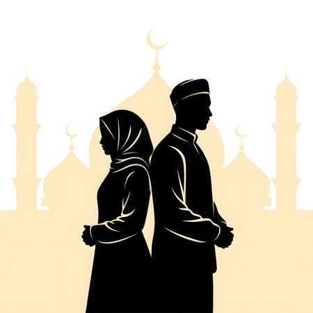 Silhouette of muslim couple in front of mosque, vector illustrationの素材