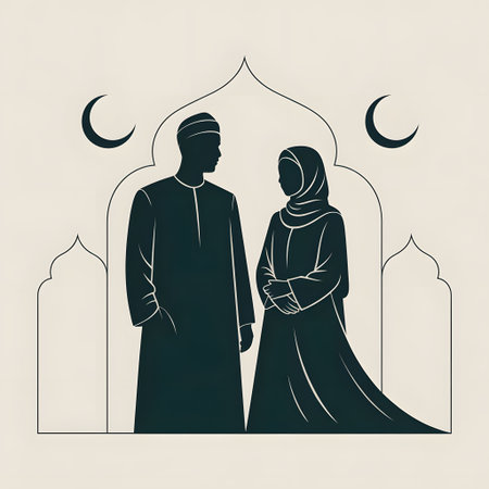 Vector illustration of a Muslim couple in the mosque. Ramadan Kareem.の素材