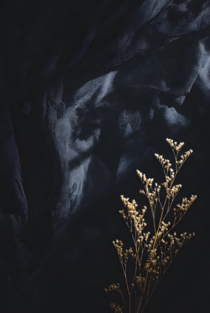 Dried limonium flowers bouquet dark moody low key still life abstract textile background dramatic contrast minimalist compositionの素材