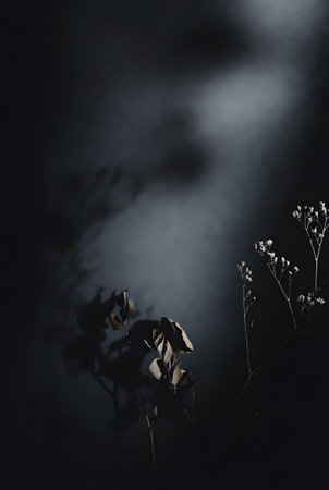 Dark, moody scene with dried plants. Soft, mysterious light creating dramatic atmosphere. Smoke adds depth to composition.の素材