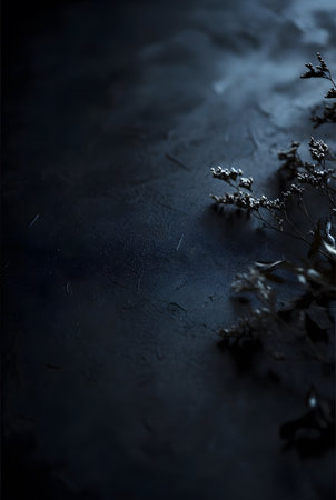 Deep blue black textured surface featuring soft focus dried small flowers on upper right cornerの素材