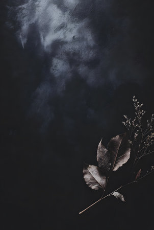 Atmospheric close-up of preserved dark brown leaves. High contrast botanical elements resting on moody textured backdrop.の素材
