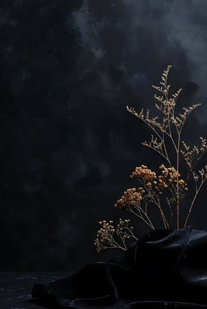 Dried flowers on dark background. Minimalist floral composition with velvet fabric and textured painted wall studio.の素材