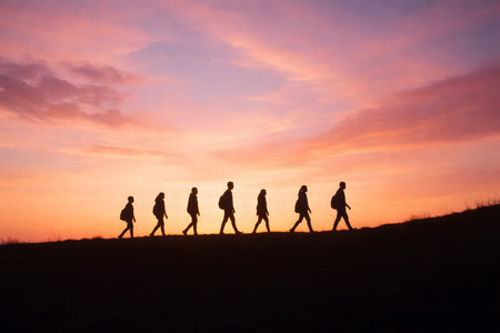 Group of friends hiking on a ridge at sunrise or sunset, creating a beautiful silhouette against the colorful sky, showing teamwork.の素材