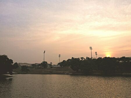 view of stadium from the lakeの写真素材