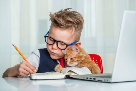 little boy with pencil in hand doing homework with his cat besidesの写真素材