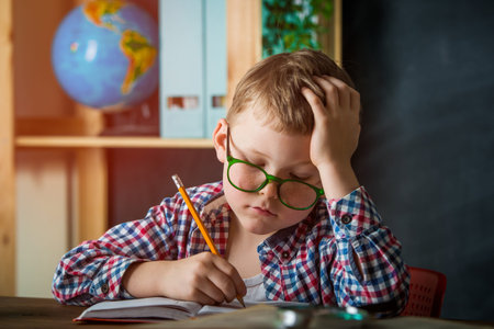 Young schoolboy searching for answers sitting at his desk in the classroom staring up into the air...