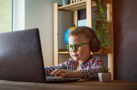 A happy young boy looks something on the Internet