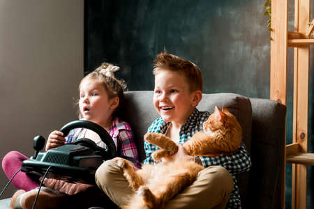 Two little kids girl and boy are playing game console steering wheel. Brother and sister with pet cat having fun.の写真素材