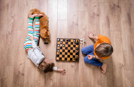 little boy and girl and their pet cat playing chess while lying on the floor. Education at home. Top view.の写真素材