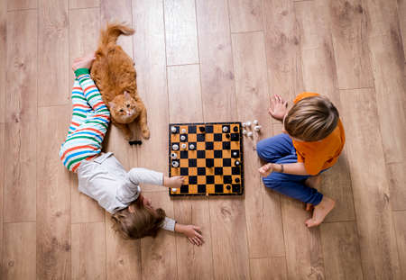 Children playing in chess. Preschool boy and girl play on floor with educational game. Toys for preschool and kindergarten. Children at home or daycare. Top view. Cat petの写真素材