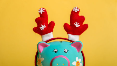 Piggy bank isolated on yellow. Blue piggybank on Christmas. Bank with deer antlers. Saving for new yearの写真素材