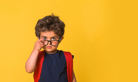 Cute little nerd smart boy wearing glasses isolated on yellow background. Funny pupil with red big backpack ready to go to school. Confident child looking to cameraの写真素材