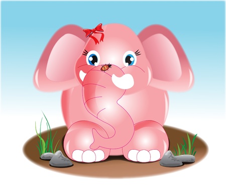 a joyful pink elephant with blue sky and soil and pebblesのイラスト素材