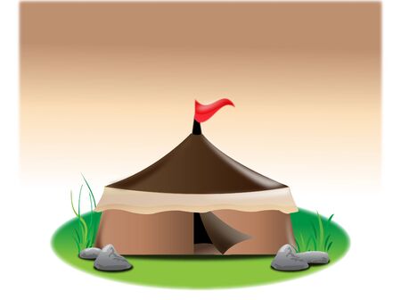 tent with red flag in the wild with green grass vegetation and paddle on a sunset brown skyのイラスト素材