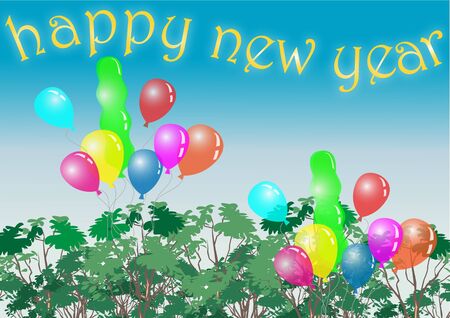 happy new yaer with balloon flying over treetop のイラスト素材