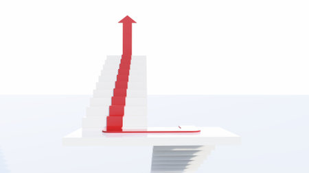 A red arrow pointing upward, integrated into a staircase, symbolizing progress and upward movement.の写真素材