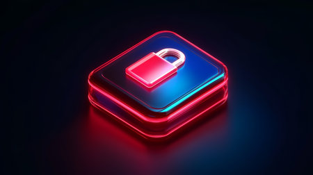 A 3D rendering of a glowing neon padlock icon on a digital wallet  symbolizing secure online payments  data protection  and privacy The image is perfect for illustrating concepts related to financial security  online transactions  and data protection in technology and business contexts  The vibrant neon colors and modern design make it visually appealing and attention grabbingの素材