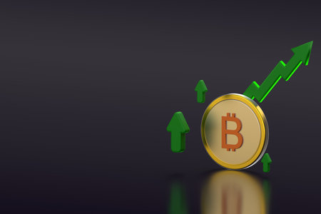3D Bitcoin coin with green upward arrows and chart line on a dark background, symbolizing...