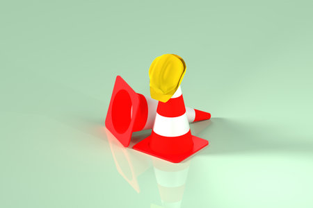 3D illustration of red and white traffic cones with a yellow safety helmet on green background, symbolizing construction, work zone safety, and hazard warning.の写真素材