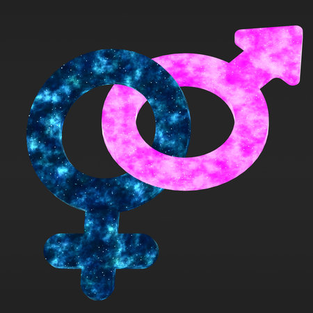Interlocked male and female gender symbols with galaxy texture on dark background, representing love, identity, sex, relationship, equality, cosmic energy, and universal connection in abstract futuristic style.の写真素材