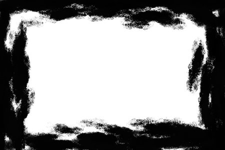 Black ink brush border on a white background creating a rough artistic frame. Ideal for grunge, abstract, or creative design projects.の写真素材