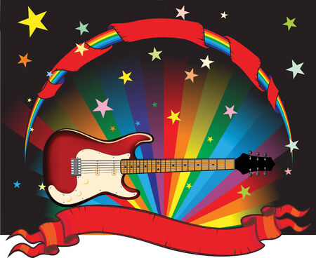 rainbow guitar with stars and bannerのイラスト素材