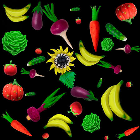 Made of plasticine background of vegetables and other plantsの写真素材