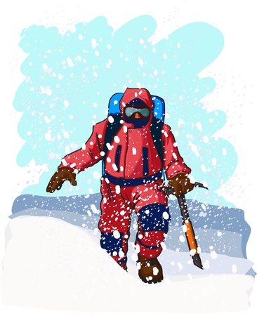 mountain climbers dressed in red climbs up a snowy slope.のイラスト素材