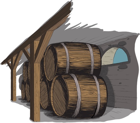 old wine cellar with rows of barrels. like woodcut techniqueのイラスト素材