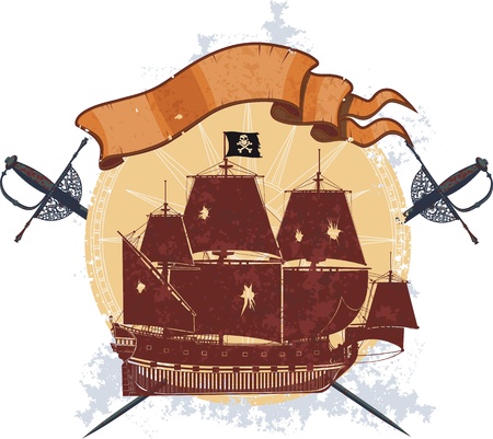 silhouette of a pirate ship on the grange background with two crossed sabers and an empty bannerのイラスト素材