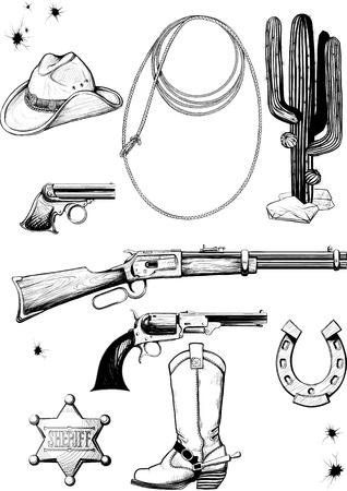 Large collection of cowboy accessories. Weapons, equipment, environment, clothing and lifestyle of the Wild Westのイラスト素材