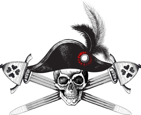 Pirate symbol of a skull in the captain's hat and two crossed swordsのイラスト素材