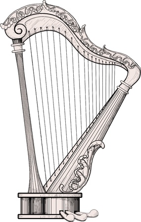 decorated harp isolated on white background. The area itself harp is a little different from the color of the background for easy isolationのイラスト素材