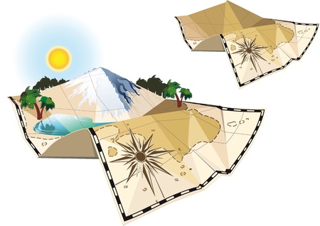 concept of an old map of the island c mountain and lake scenery and a simplified version of the mapのイラスト素材