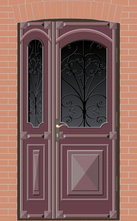 old closed double door with grille on the brick wall backgroundのイラスト素材