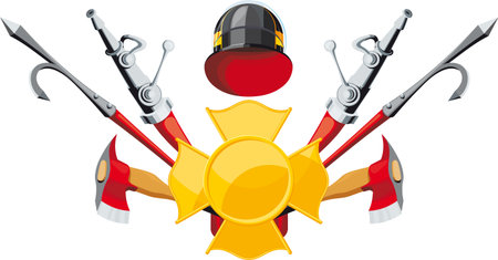 emblem fire department. Badge, hose, hook and axのイラスト素材