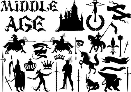 silhouettes and icons on the medieval theme. Black and white isolated on whiteのイラスト素材