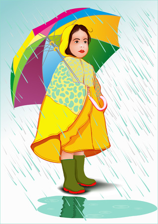 Little girl under umbrella in raincoat standing in the rainのイラスト素材