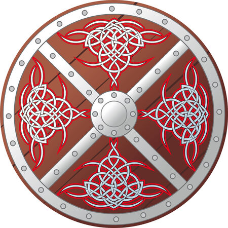 ornate Celtic wooden round shield isolated on white backgroundのイラスト素材