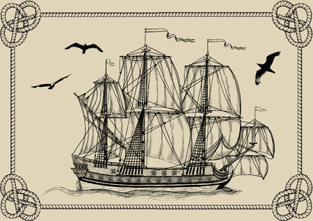 Old sailing warship in frame of rope on a beige backgroundのイラスト素材