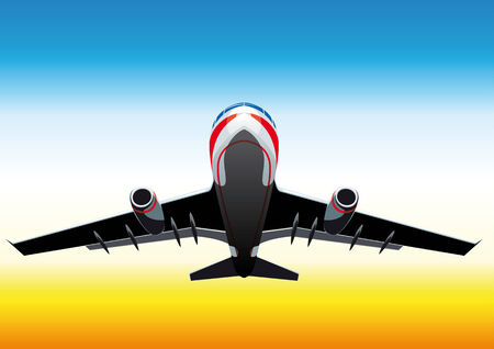 passenger plane flying up on a yellow - blue sunriseのイラスト素材