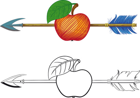 black and white and color illustration of arrow hit the exact center of the appleのイラスト素材