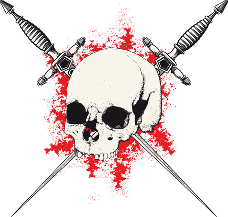 skull with two crossed daggers on white and red backgroundのイラスト素材