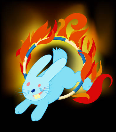 Smiling rabbit jumping through ring of fire in the circusのイラスト素材