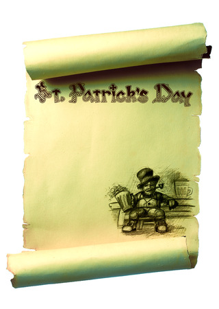 Scroll designed Saint Patrick. With sitting drunk Leprechaun. Handwritten text and blank space for textの写真素材