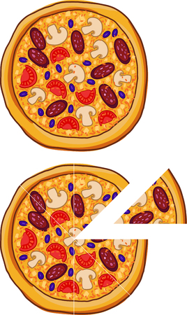 Pizza with different ingredients. Whole and sliced. white backgroundのイラスト素材