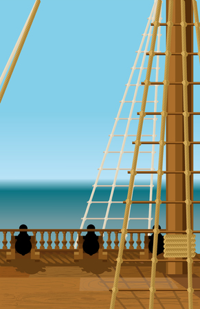 Empty deck of an old ship in the open sea armed cannonsのイラスト素材