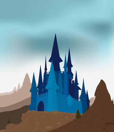 ancient castle in the mountains in the haze on background of gray skyのイラスト素材