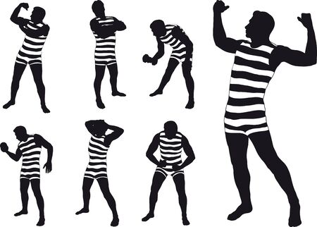 Retro gymnast in striped retro bathing suit posing in different poses and dumbbellのイラスト素材